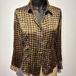 Apostrophe Tan and Brown Houndstooth Silk Blouse